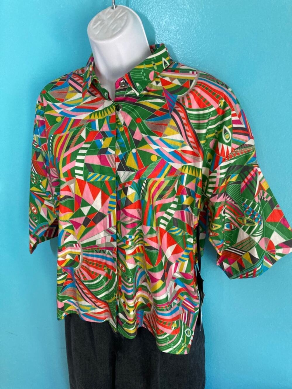 Marita Huurinainen Emma Blouse Size L New w Tags Colorful Cotton Button Up Shirt